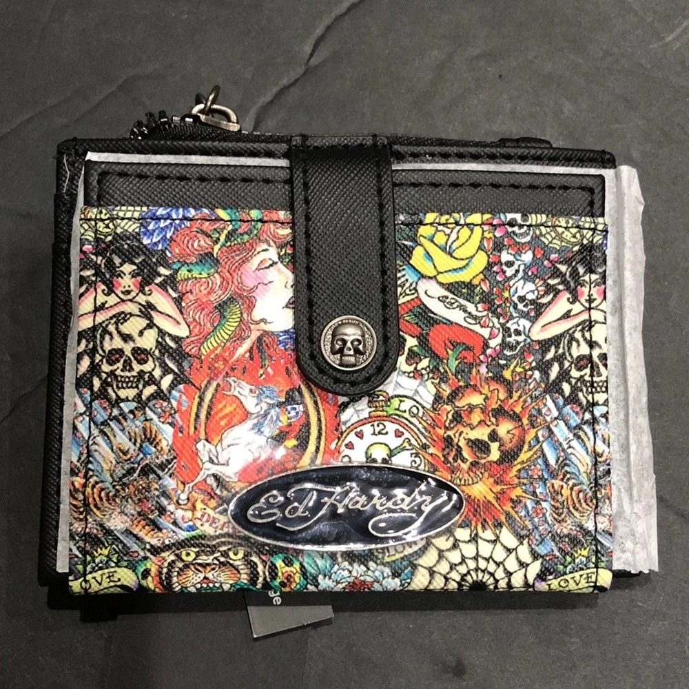 Ed Hardy black bifold ed hardy multi graphics print slim card case brand new